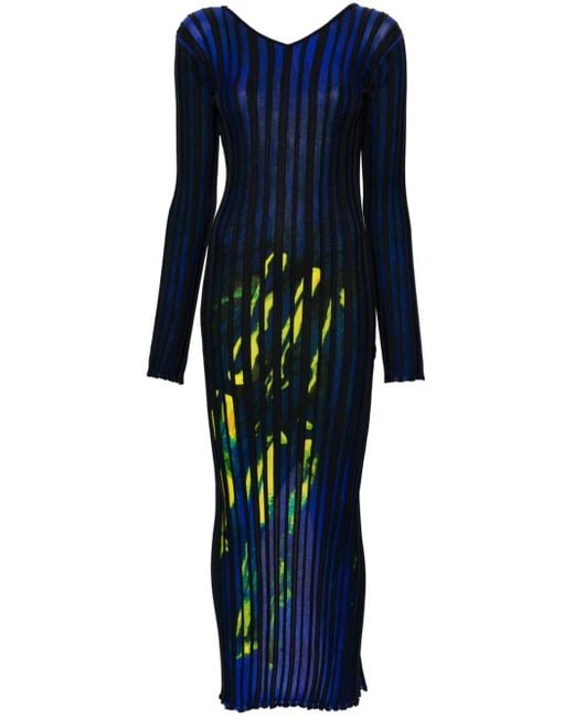Louisa Ballou Blue V-neck Ribbed Maxi Dress