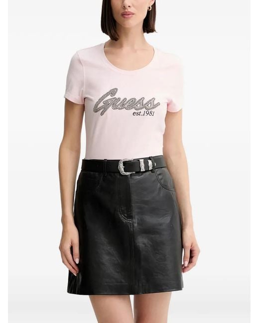 Guess White Rhinestone-Embellished Logo-Print T-Shirt