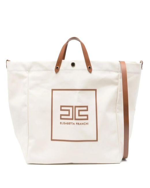 Elisabetta Franchi Natural Logo-Print Cotton Tote Bag
