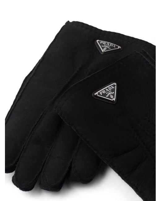Prada Black Triangle-Logo Suede Gloves for men