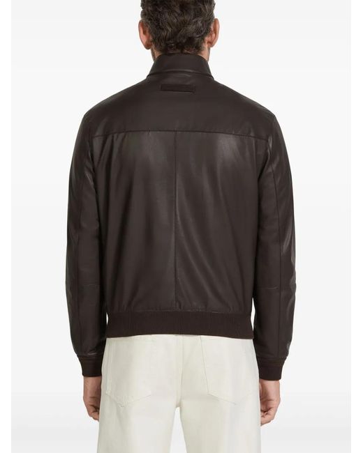 Zegna Black Leather Bomber Jacket for men