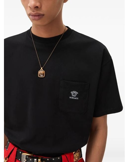Versace Black Embroidered Cotton-Jersey T-Shirt for men