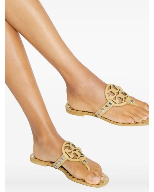 Tory Burch Natural Studded Miller Leather Flat Sandals