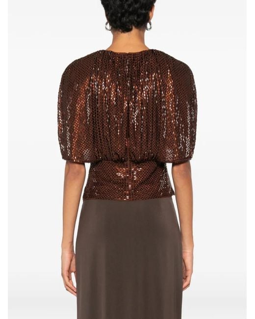 Self-Portrait Brown Sequin-Embellished Gathered Top