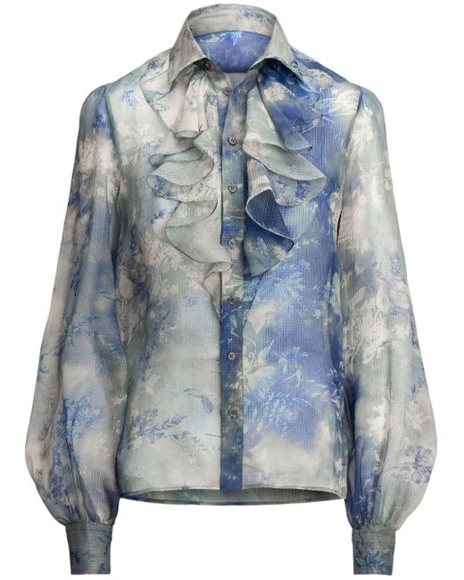 Ralph Lauren Collection Blue Dylon Floral-print Silk Blouse