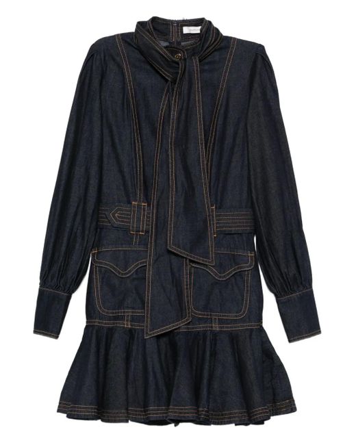 Zimmermann Blue Tied-Neck Ruffled Denim Mini Dress
