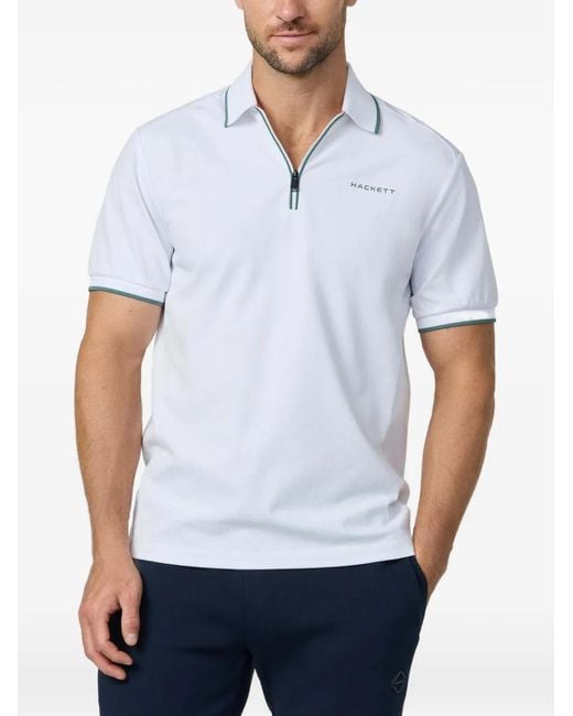 Hackett White Zip-Placket Pique Polo Shirt for men
