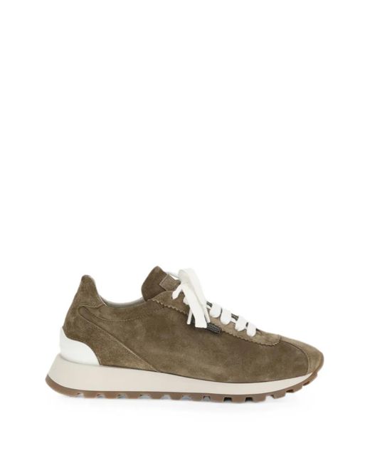 Brunello Cucinelli Brown Bead-Embellished Suede Sneakers