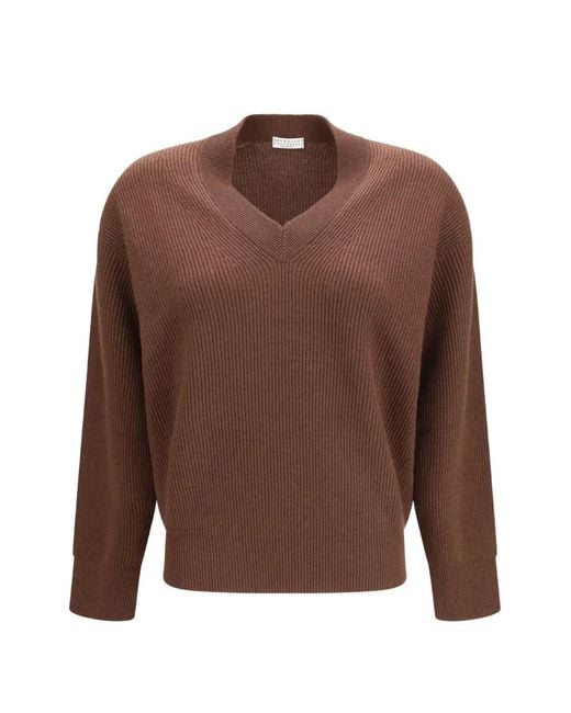 Brunello Cucinelli Brown Ribbed-Knit V-Neck Sweater