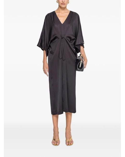 Nissa Black Drawstring Viscose Midi Dress