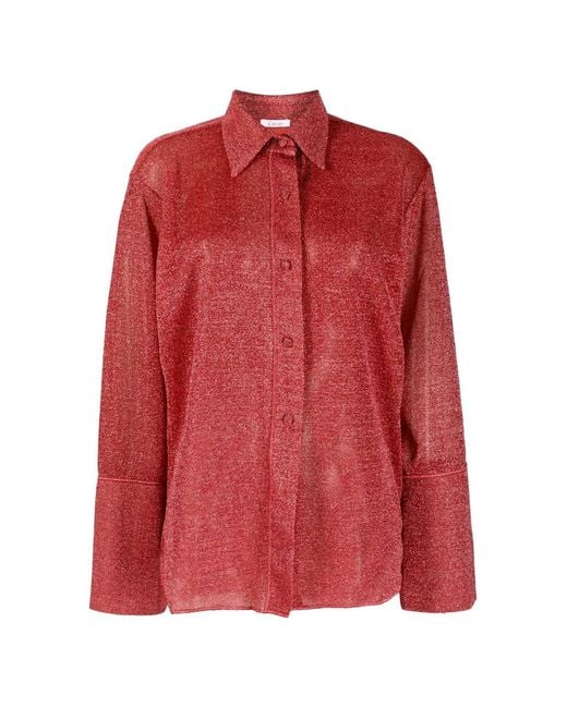 Oseree Red Metallic-Effect Button-Up Shirt