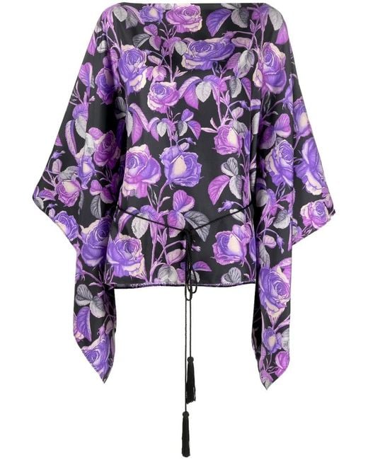 Roberto Cavalli Purple Rose-Print Silk Blouse