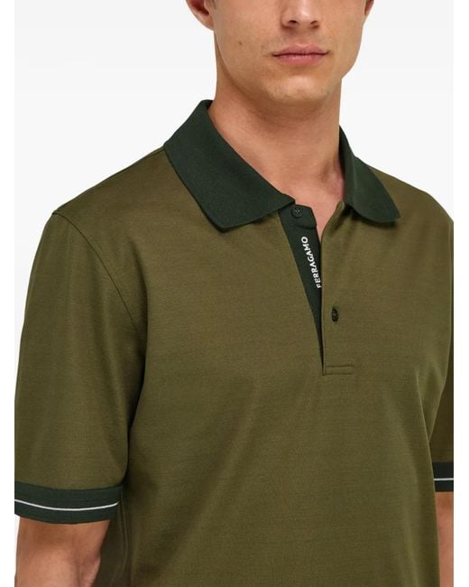 Ferragamo Green Piqué-Weave Contrast-Collar Polo Shirt for men