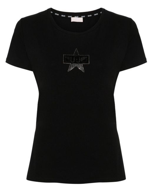 Liu Jo Black Crystal-embellished Logo-tape T-shirt