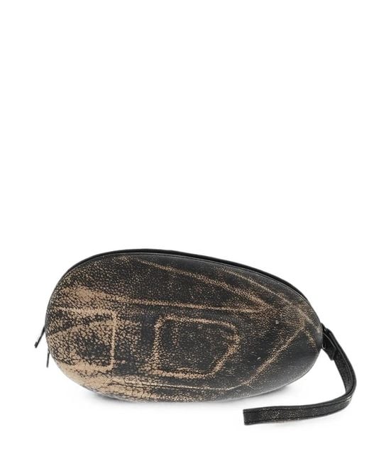 DIESEL Gray Leather Clutch With Oval Design And Embossed Monogram