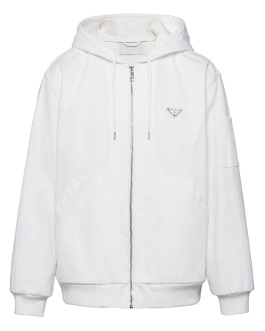 Prada White Triangle-Logo Zip-Up Hoodie for men
