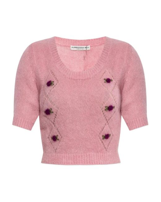 Alessandra Rich T-Shirt Verfraaid Met Rozen En Korte Mouwen in het Pink