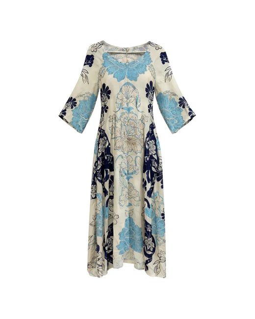 PAHIESA FORMENTERA Blue Floral-Print Belted Midi Dress
