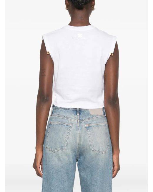 Elisabetta Franchi White Knot-Detail Padded-Shoulder T-Shirt
