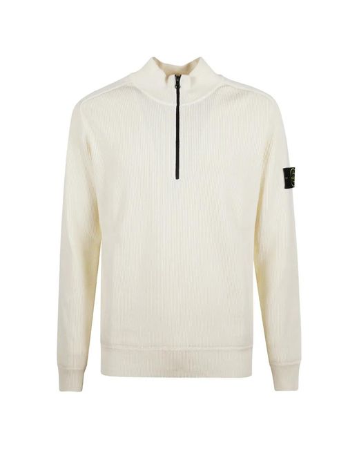 Stone Island White Zip Ribbed Sweater for men