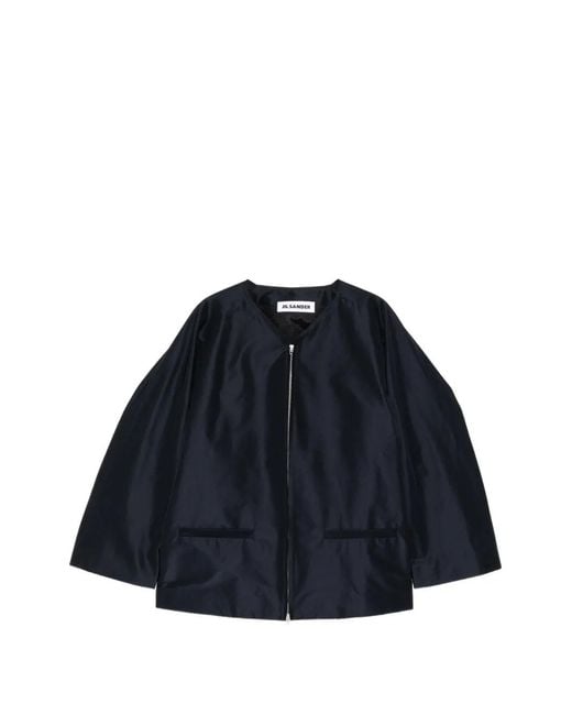 Jil Sander Blue Zip-Up Collarless Jacket