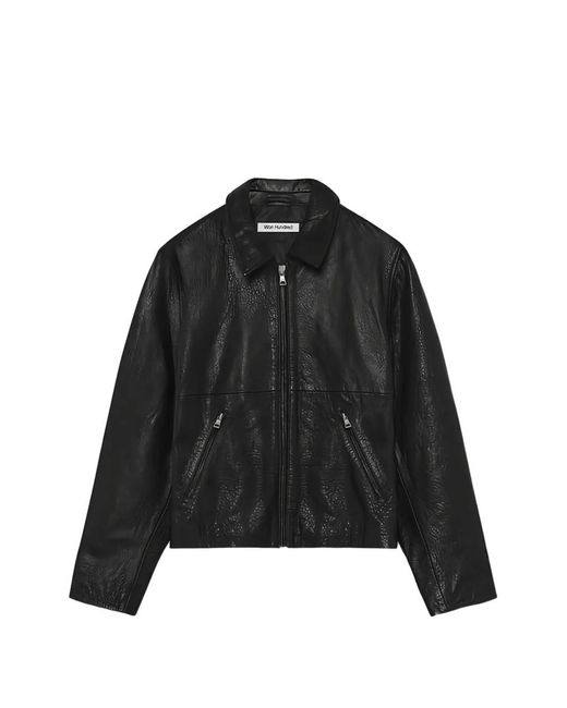 Won Hundred Black Collared Leather Jacket for men
