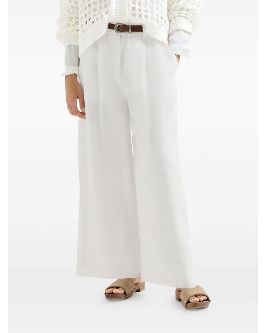 Brunello Cucinelli White Cotton Organza Boxy Pleated Trousers With Monili