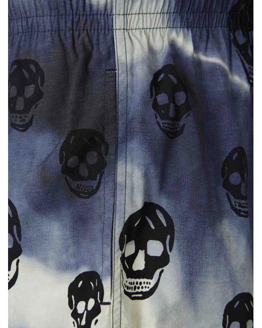 McQueen Blue Skull-Print Tie-Dye Swim Shorts for men