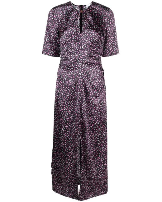 Ganni Purple Floral-Print Silk Dress