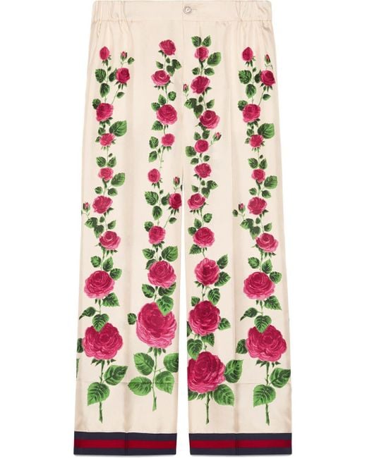 Gucci Pink Rose Garden Print Silk Pajama Pants