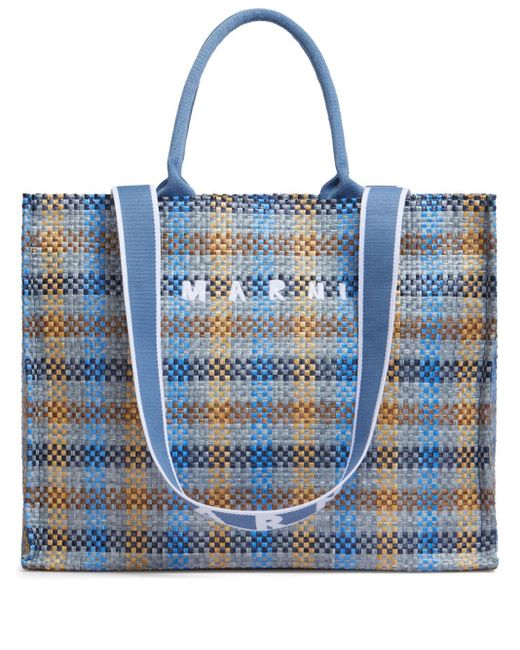 Marni Blue Logo-embroidered Checkered Shopping Bag