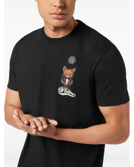 Philipp Plein Black Fox-Patch T-Shirt for men