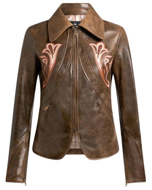 Etro Brown Leather Jacket With Inlays