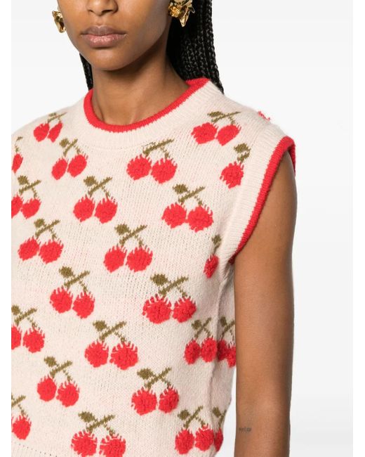 LaDoubleJ Red Cherry Patterned Intarsia-Knit Vest