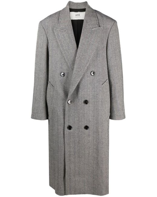 AMI Gray Herringbone-pattern Double-breasted Coat for men