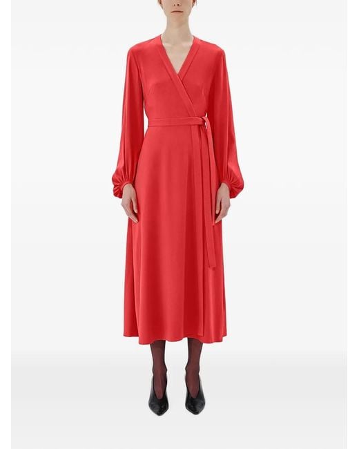 Another Tomorrow Red Cut-Out Lantern-Sleeve Wrap Dress
