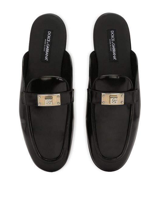 Dolce & Gabbana Black Logo-plaque Leather Slippers for men