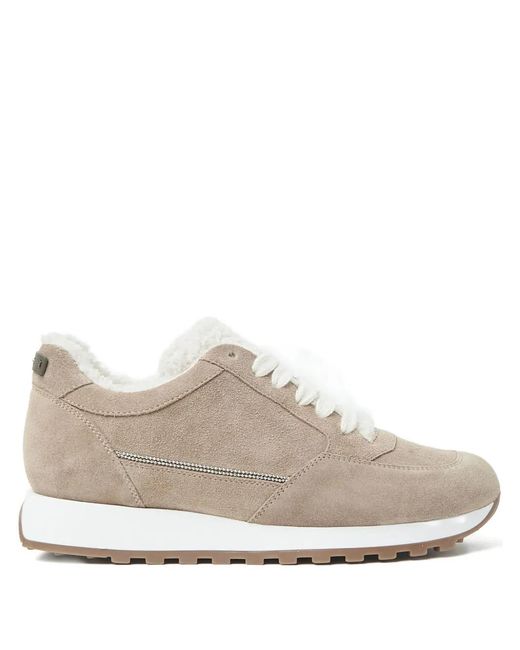 Peserico White Suede Shearling-Trim Sneakers