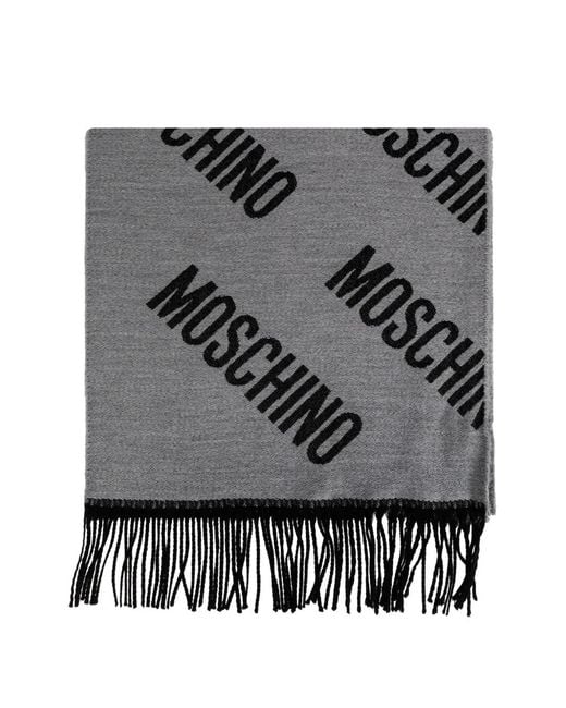 Moschino Gray Monogram-Print Fringed Scarf