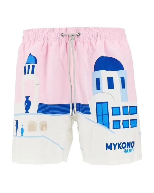Mc2 Saint Barth Blue Mykonos Print 'Gustavia' Swim Shorts for men