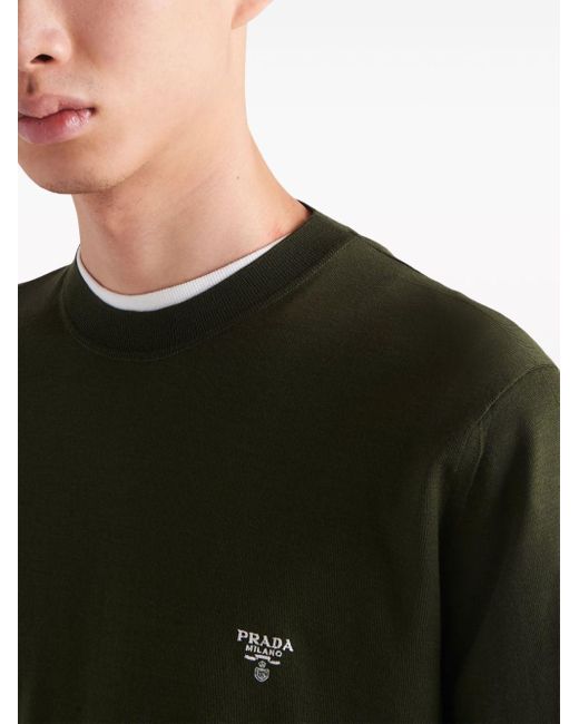 Pull en laine à logo brodé Prada pour homme en coloris Green