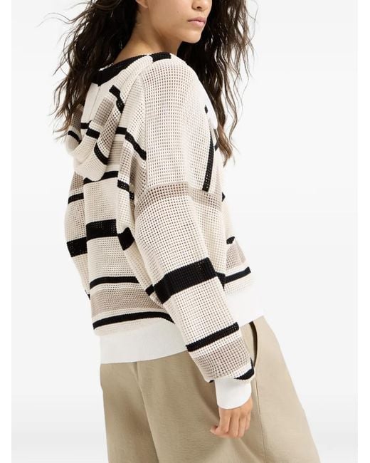 Brunello Cucinelli White Striped Cotton Net Hooded Cardigan With Zipper