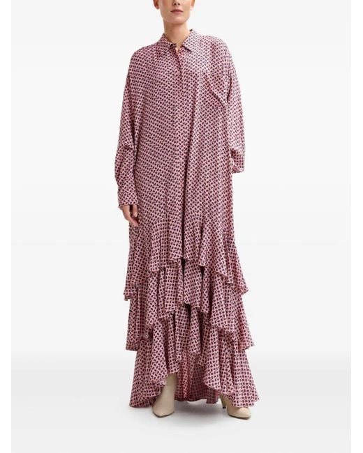 Essentiel Antwerp Purple Geometric-Pattern Ruffle-Hem Maxi Dress