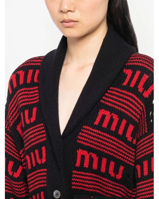 Miu Miu Red Intarsia Logo-Knit Cashmere Cardigan