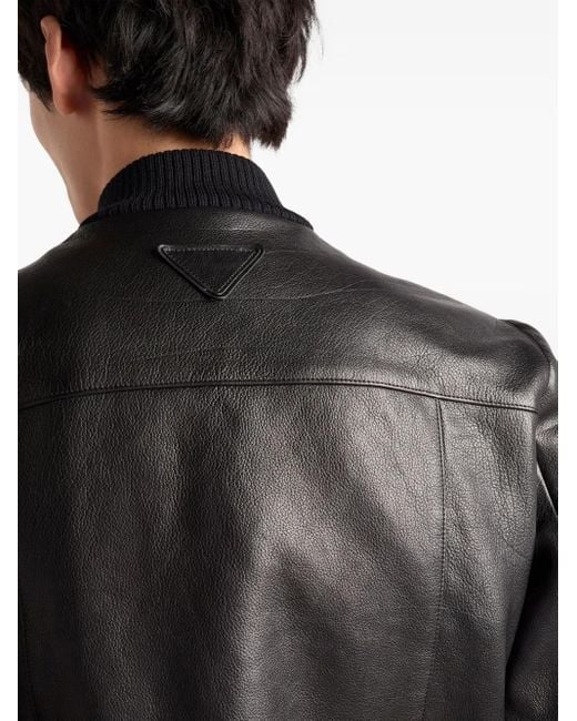 Prada Black Patch-Pocket Leather Bomber Jacket for men