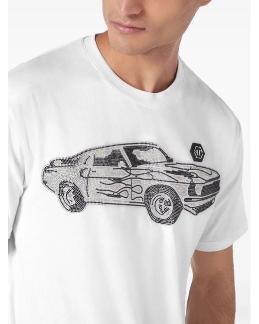 メンズ Philipp Plein Strass Cars Racing Tシャツ White