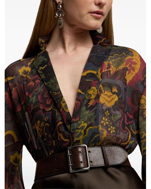Ralph Lauren Brown Blouse Fleurie À Manches Longues Évasées