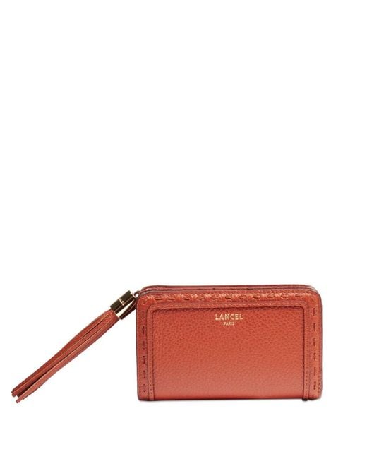 Lancel Orange Portefeuille En Cuir À Pompons