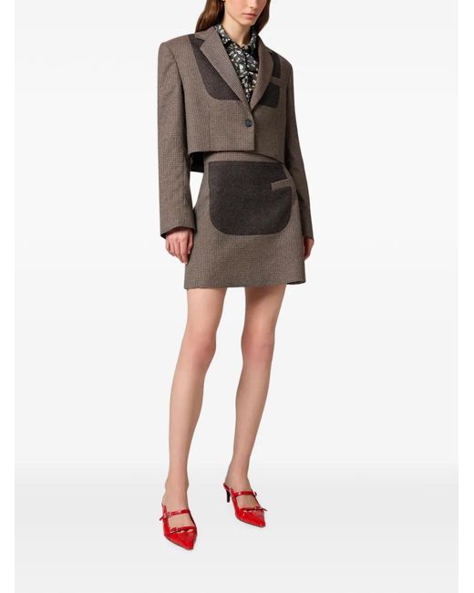 MSGM Brown Houndstooth-Pattern Patch-Detail Mini Skirt