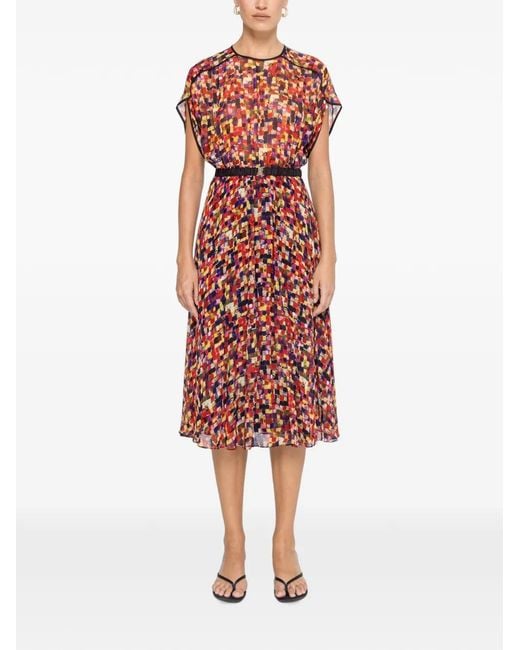 Nissa Red Printed Viscose Midi Dress
